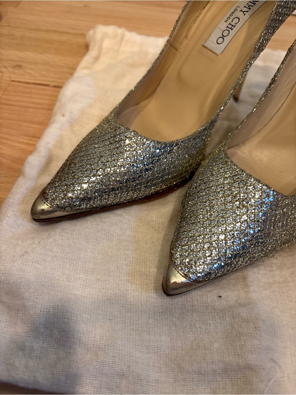Jimmy Choo 100mm Abel Glitter Pointed Toe Pumps Heels Gold/Silver Champagne sz38 - Picture 12 of 13